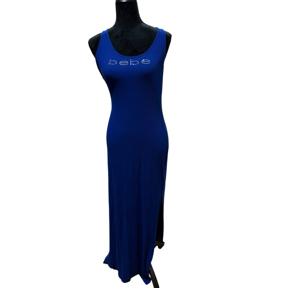 Bebe 90’s Blue Halter Rhinestones Logo Maxi Dress Size Small
